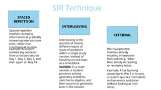 SPACED
REPETITION
INTERLEAVING
RETRIEVAL
SIR Technique
Spaced repetition
involves reviewing
information at gradually
increasing intervals over
time, rather than
cramming all at once.
Example: A student
reviews key concepts
from a history class on
Day 1, Day 3, Day 7, and
then again on Day 14.
Interleaving is the
practice of mixing
different topics or
types of problems
within a single study
session, instead of
focusing on one topic
at a time (block
practice).
Example: In a math
session, a student
practices solving
geometry problems,
switches to algebra, and
then returns to geometry
later in the session.
Retrieval practice
involves actively
recalling information
from memory, rather
than simply re-reading
or reviewing notes.
Example: After learning
about World War I in history,
a student quizzes themselves
on key events and dates
without looking at their
notes.
 