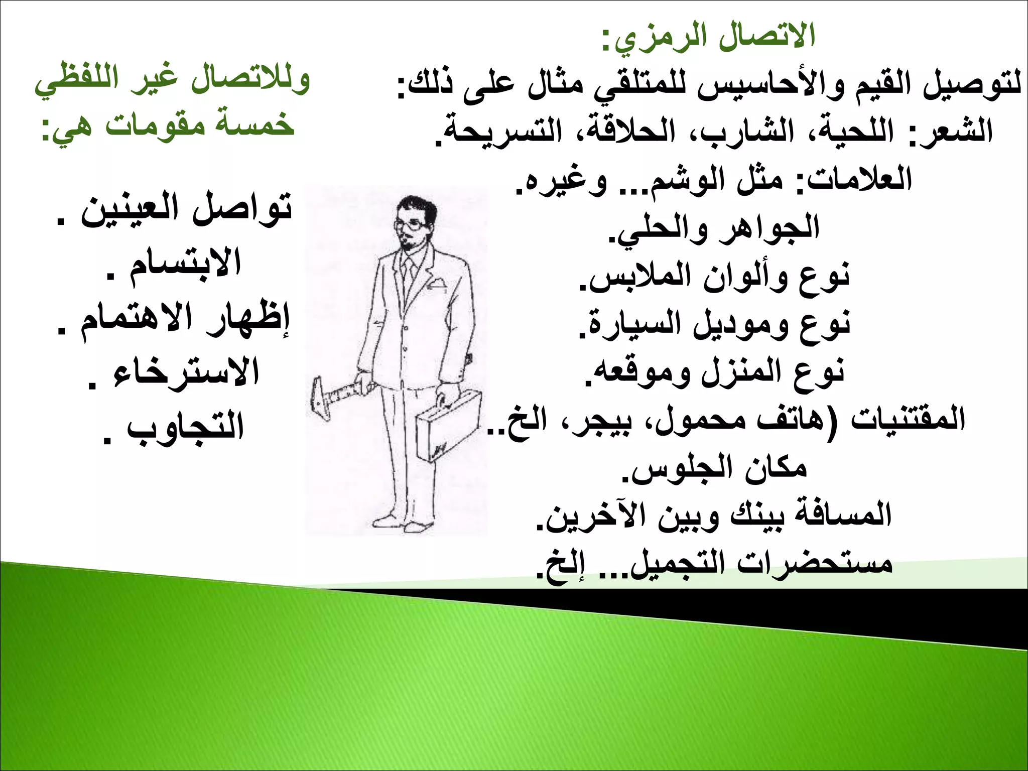 ‫الرمزي‬ ‫االتصال‬
:
‫ذلك‬ ‫على‬ ‫مثال‬ ‫للمتلقي‬ ‫واألحاسيس‬ ‫القيم‬ ‫لتوصيل‬
:
‫الشعر‬
:
‫التسريحة‬ ،‫الحالقة‬ ،‫الشارب‬ ،‫اللحية‬
.
‫العالمات‬
:
‫الوشم‬ ‫مثل‬
...
‫وغيره‬
.
‫والحلي‬ ‫الجواهر‬
.
‫المالبس‬ ‫وألوان‬ ‫نوع‬
.
‫السيارة‬ ‫وموديل‬ ‫نوع‬
.
‫وموقعه‬ ‫المنزل‬ ‫نوع‬
.
‫المقتنيات‬
(
،‫محمول‬ ‫هاتف‬
‫بيجر‬
‫الخ‬ ،
.)...
‫الجلوس‬ ‫مكان‬
.
‫اآلخرين‬ ‫وبين‬ ‫بينك‬ ‫المسافة‬
.
‫التجميل‬ ‫مستحضرات‬
...
‫إلخ‬
.
‫اللفظي‬ ‫غير‬ ‫ولالتصال‬
‫هي‬ ‫مقومات‬ ‫خمسة‬
:
‫العينين‬ ‫تواصل‬
.
‫االبتسام‬
.
‫االهتمام‬ ‫إظهار‬
.
‫االسترخاء‬
.
‫التجاوب‬
.
 
