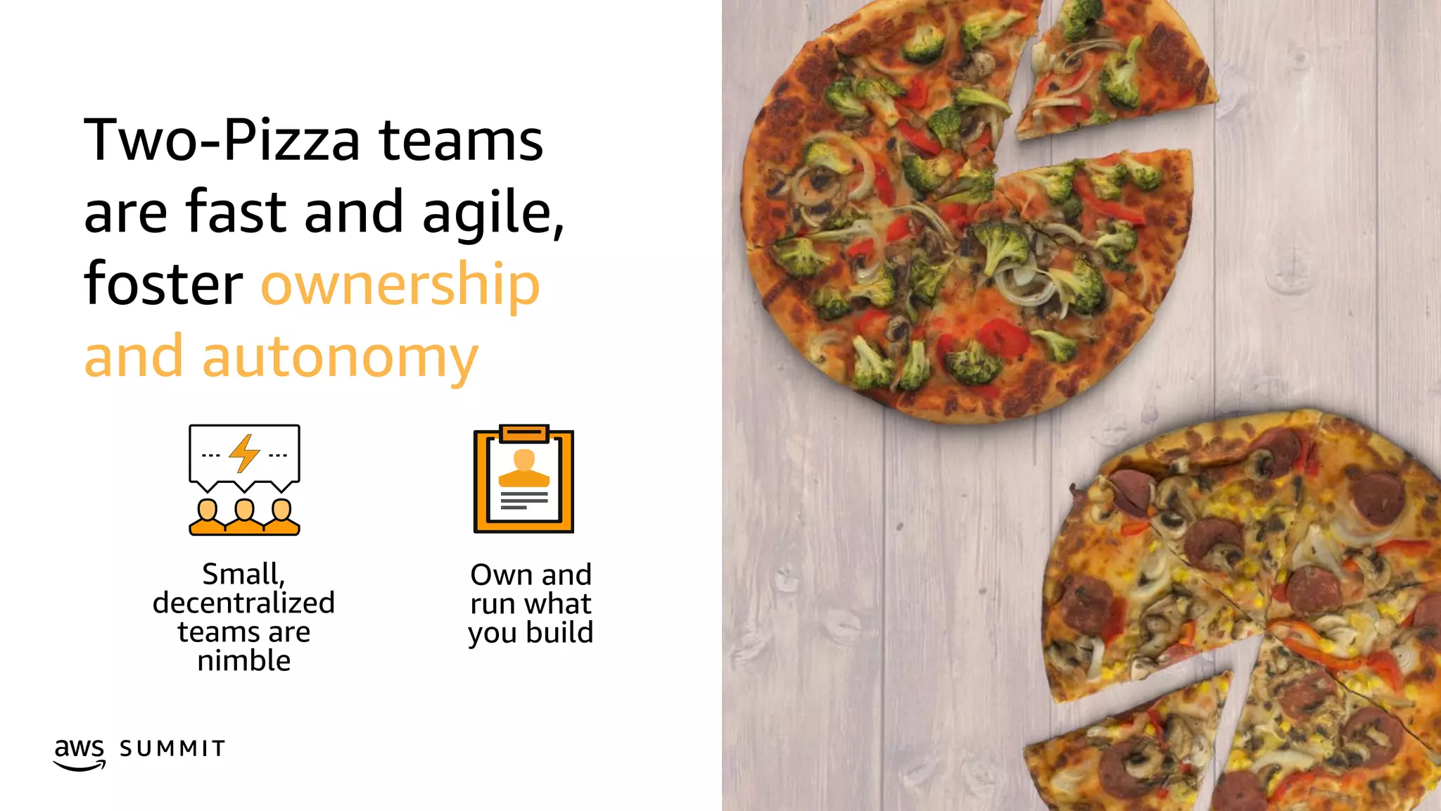 © 2019, Amazon Web Services, Inc. or its affiliates. All rights reserved.S U M M I T
Two-Pizza teams
are fast and agile,
foster ownership
and autonomy
Small,
decentralized
teams are
nimble
Own and
run what
you build
 