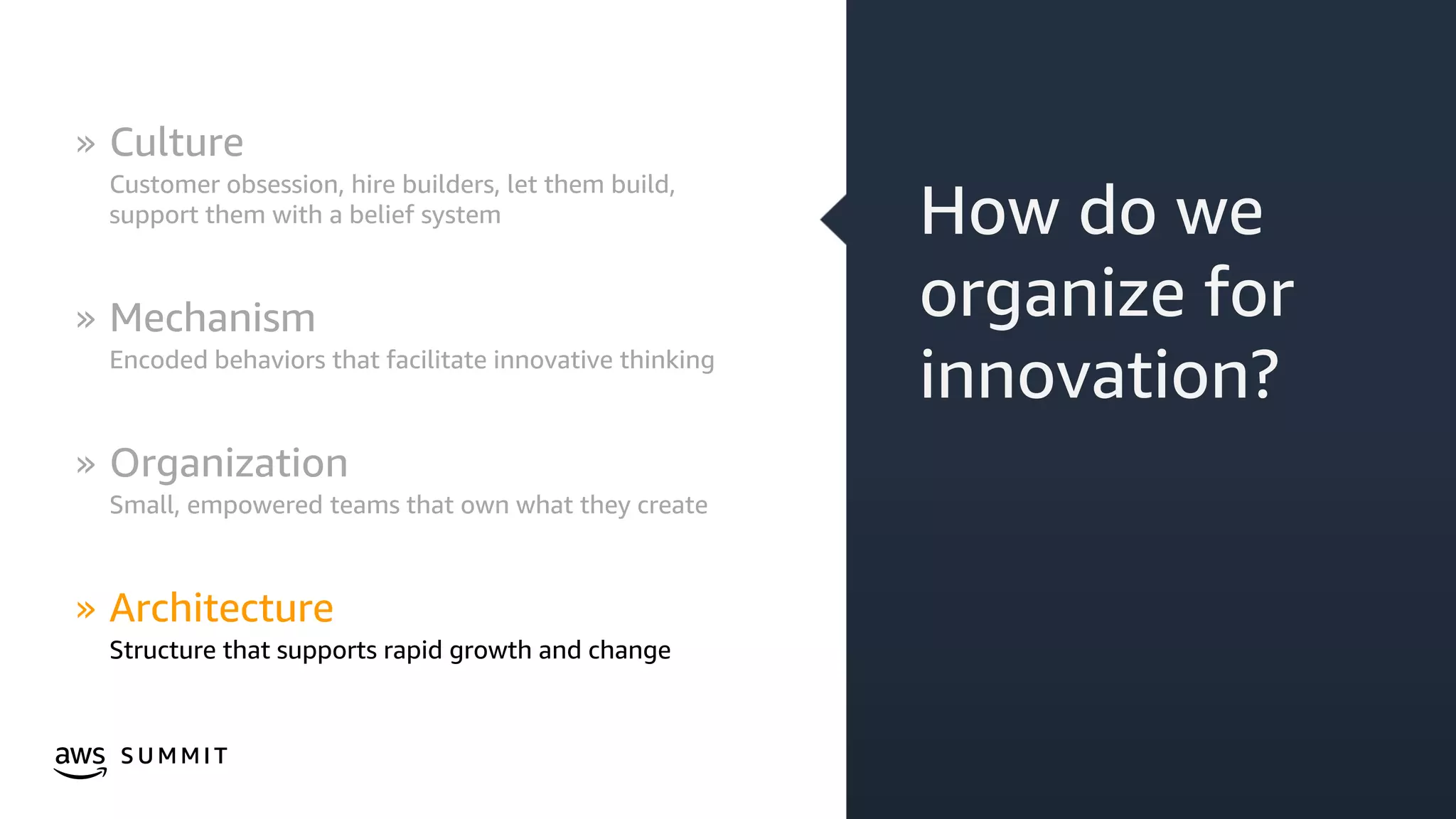© 2019, Amazon Web Services, Inc. or its affiliates. All rights reserved.S U M M I T
How do we
organize for
innovation?
» Culture
Customer obsession, hire builders, let them build,
support them with a belief system
» Mechanism
Encoded behaviors that facilitate innovative thinking
» Organization
Small, empowered teams that own what they create
» Architecture
Structure that supports rapid growth and change
 