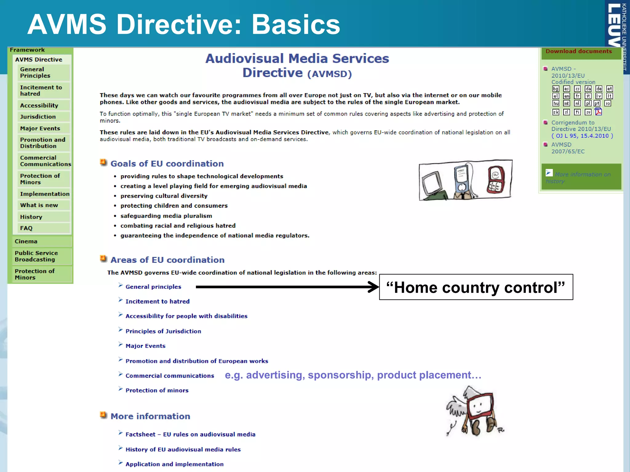 AVMS Directive: Basics
“Home country control”
e.g. advertising, sponsorship, product placement…
 