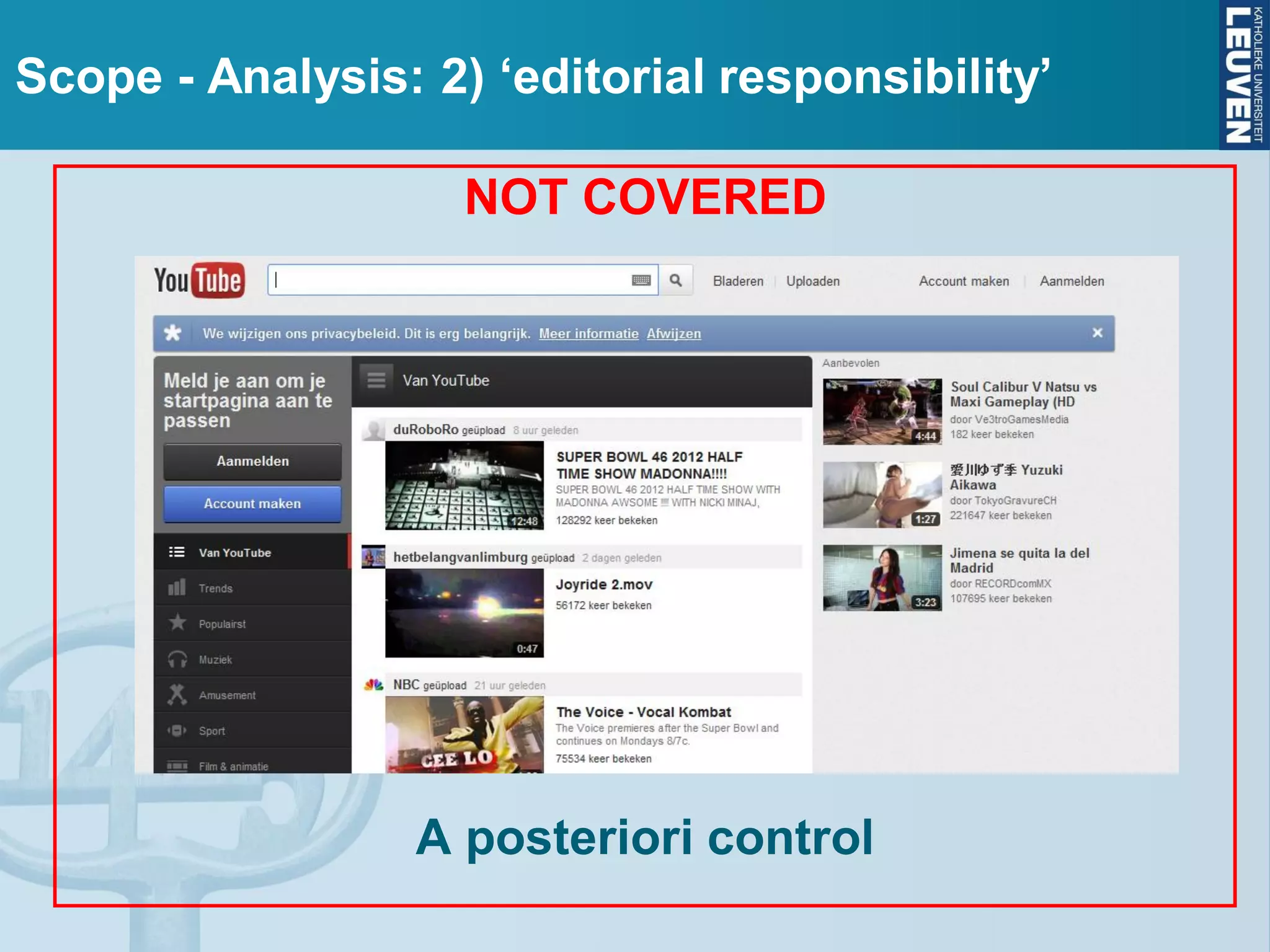 Scope - Analysis: 2) ‘editorial responsibility’
NOT COVERED
A posteriori control
 