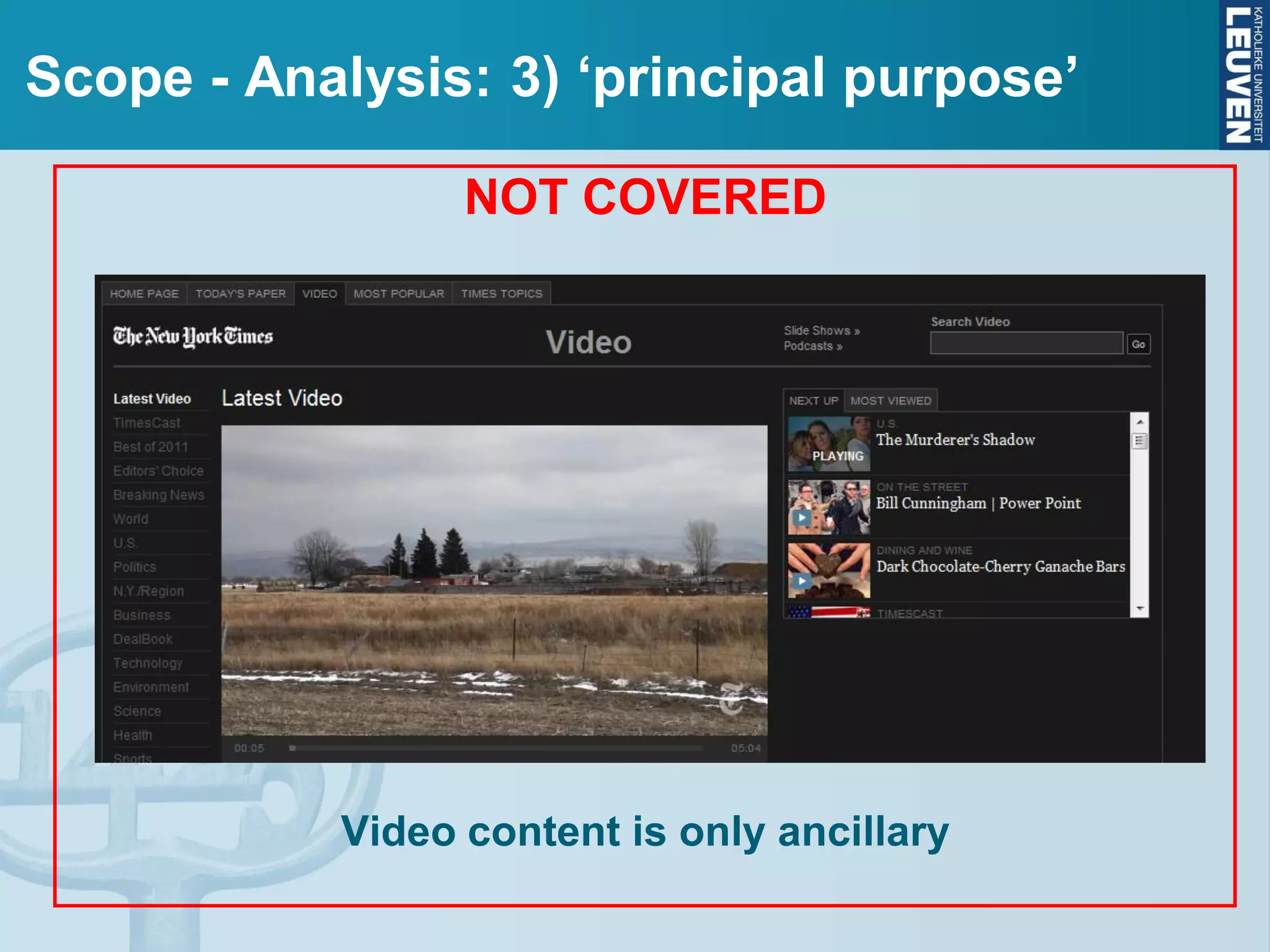 Scope - Analysis: 3) ‘principal purpose’
NOT COVERED
Video content is only ancillary
 