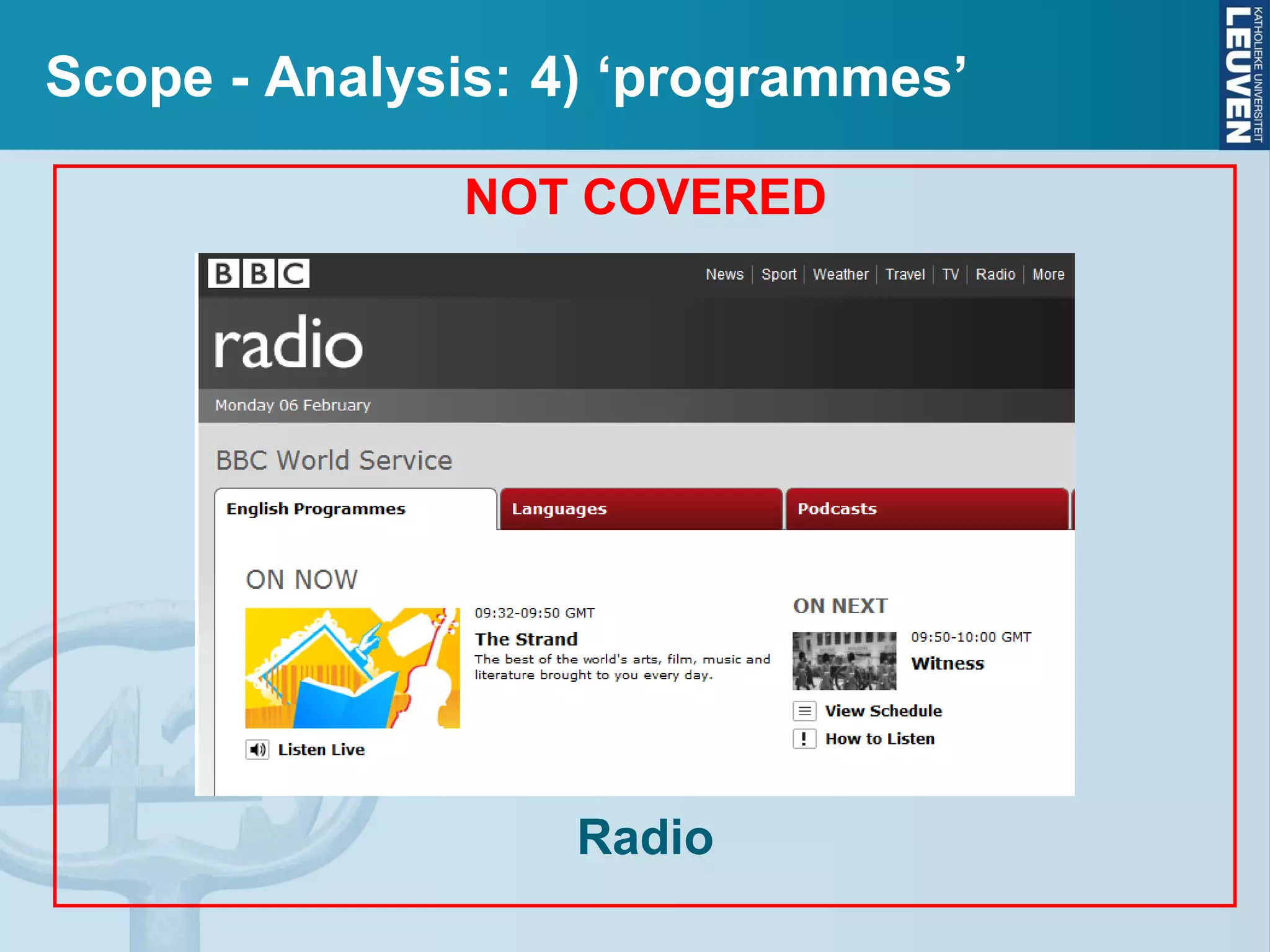 Scope - Analysis: 4) ‘programmes’
NOT COVERED
Radio
 