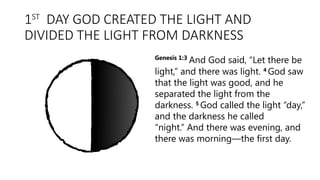 1ST
DAY GOD CREATED THE LIGHT AND
DIVIDED THE LIGHT FROM DARKNESS
Genesis 1:3
And God said, “Let there be
light,” and there was light. 4
God saw
that the light was good, and he
separated the light from the
darkness. 5
God called the light “day,”
and the darkness he called
“night.” And there was evening, and
there was morning—the first day.
 