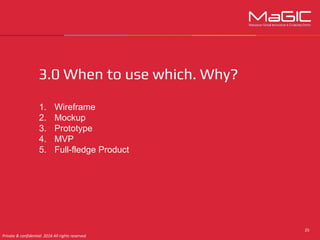 3.0 When to use which. Why?
1. Wireframe
2. Mockup
3. Prototype
4. MVP
5. Full-fledge Product
 