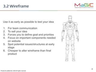 Use it as early as possible to test your idea
1. For team communication
2. To sell your idea
3. Forces you to define goal and priorities
4. Focus on important components needed
on website
5. Spot potential issues/structures at early
stage
6. Cheaper to alter wireframe than final
product
3.2 Wireframe
 