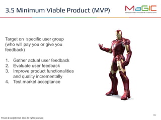 Target on specific user group
(who will pay you or give you
feedback)
1. Gather actual user feedback
2. Evaluate user feedback
3. Improve product functionalities
and quality incrementally
4. Test market acceptance
3.5 Minimum Viable Product (MVP)
 
