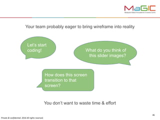 You don’t want to waste time & effort
Let’s start
coding! What do you think of
this slider images?
How does this screen
transition to that
screen?
Your team probably eager to bring wireframe into reality
 
