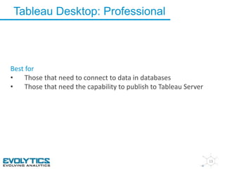 Tableau Desktop: Professional 
13 
Best for 
• Those that need to connect to data in databases 
• Those that need the capability to publish to Tableau Server 
 