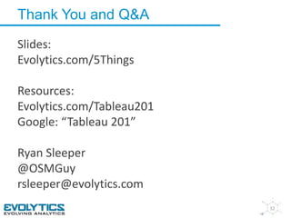 Thank You and Q&A 
32 
Slides: 
Evolytics.com/5Things 
Resources: 
Evolytics.com/Tableau201 
Google: “Tableau 201” 
Ryan Sleeper 
@OSMGuy 
rsleeper@evolytics.com 
