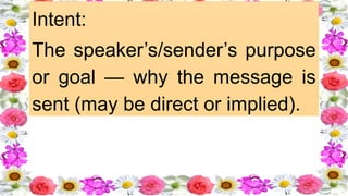 Intent:
The speaker’s/sender’s purpose
or goal — why the message is
sent (may be direct or implied).
 