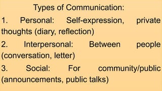 Types of Communication: ​
1. Personal: Self-expression, private
thoughts (diary, reflection) ​
2. Interpersonal: Between people
(conversation, letter) ​
3. Social: For community/public
(announcements, public talks) ​
 