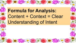 Formula for Analysis:
Content + Context = Clear
Understanding of Intent
 