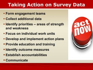 Taking Action on Survey Data
 Form engagement teams
 Collect additional data
 Identify priorities – areas of strength
and weakness
 Focus on individual work units
 Develop and implement action plans
 Provide education and training
 Identify outcome measures
 Establish accountabilities
 Communicate
 