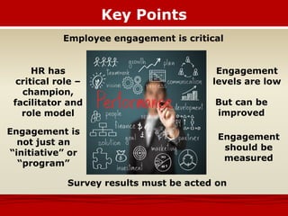 Key Points
Employee engagement is critical
Engagement
levels are low
But can be
improved
Engagement
should be
measured
Survey results must be acted on
Engagement is
not just an
“initiative” or
“program”
HR has
critical role –
champion,
facilitator and
role model
 