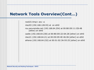 Network Tools Overview(Cont…) root23:/tmp> arp –a ntec93 (192.168.128.93) at  on eth0 rou.secureindia.net (192.168.64.254) at 00:B0:D0:11:CB:4B [ether] on eth0  castle (192.168.64.230) at 00:B0:D0:22:0A:28 [ether] on eth0 ntec21 (192.168.64.21) at 00:D0:09:4E:46:06 [ether] on eth0 athena (192.168.64.232) at 00:01:02:3A:93:25 [ether] on eth0   