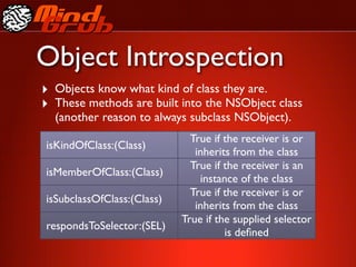 Object Introspection
‣ Objects know what kind of class they are.
‣ These methods are built into the NSObject class
  (another reason to always subclass NSObject).
                              True if the receiver is or
isKindOfClass:(Class)
                               inherits from the class
                              True if the receiver is an
isMemberOfClass:(Class)
                                instance of the class
                              True if the receiver is or
isSubclassOfClass:(Class)
                               inherits from the class
                            True if the supplied selector
respondsToSelector:(SEL)
                                      is deﬁned
 