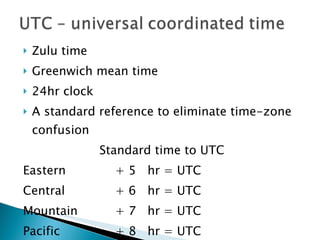 Zulu time Greenwich mean time 24hr clock A standard reference to eliminate time-zone confusion Standard time to UTC Eastern  + 5  hr = UTC Central + 6  hr = UTC Mountain + 7  hr = UTC Pacific + 8  hr = UTC Alaskan + 9  hr = UTC Hawaii + 10 hr = UTC 