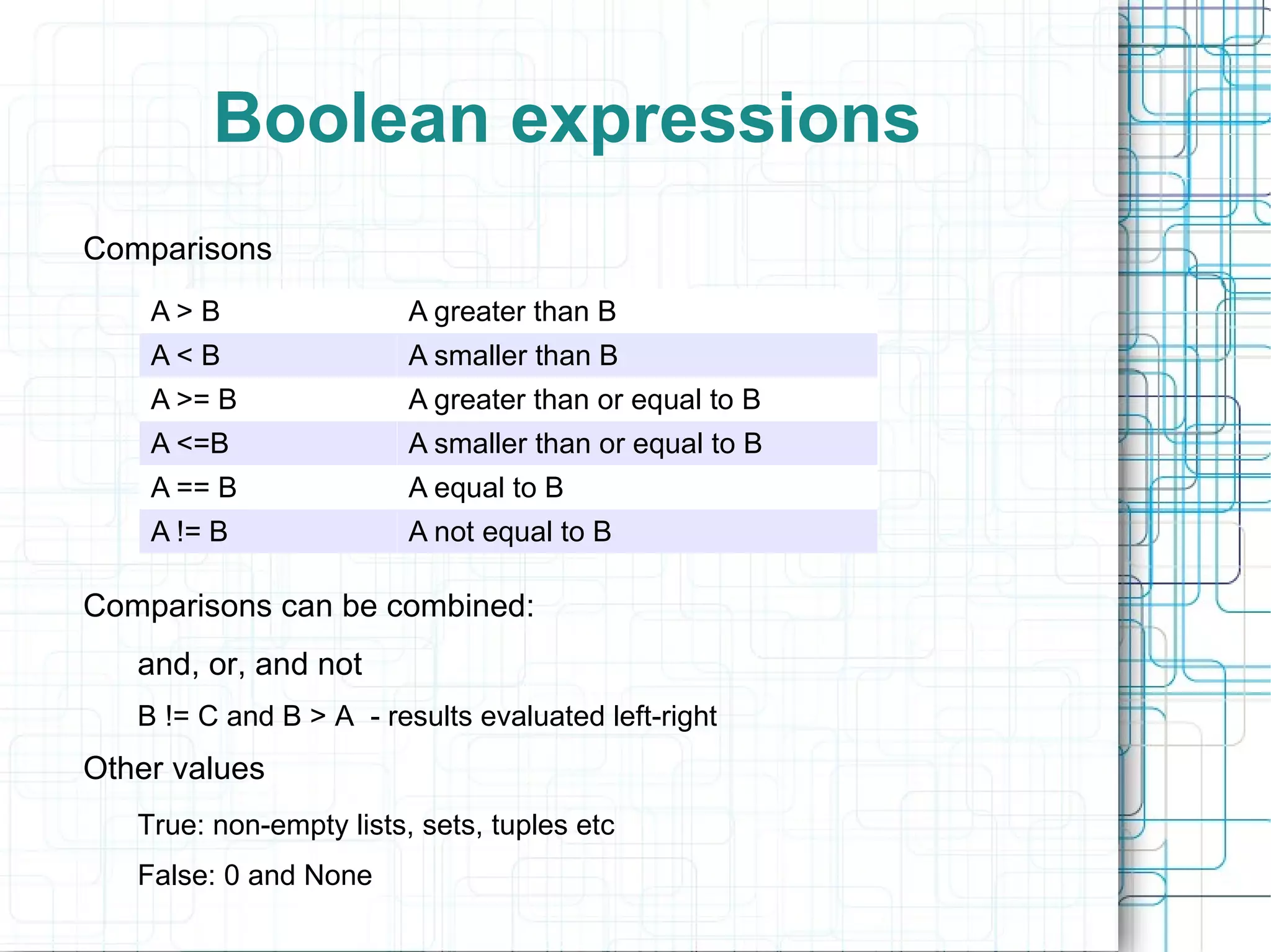 Boolean expressions
Comparisons
    A> B                 A greater than B
    A< B                 A smaller than B
    A >= B               A greater than or equal to B
    A <=B                A smaller than or equal to B
    A == B               A equal to B
    A != B               A not equal to B

Comparisons can be combined:
   and, or, and not
   B != C and B > A - results evaluated left-right
Other values
   True: non-empty lists, sets, tuples etc
   False: 0 and None
 