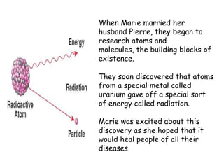 When Marie married her
husband Pierre, they began to
research atoms and
molecules, the building blocks of
existence.

They soon discovered that atoms
from a special metal called
uranium gave off a special sort
of energy called radiation.

Marie was excited about this
discovery as she hoped that it
would heal people of all their
diseases.
 