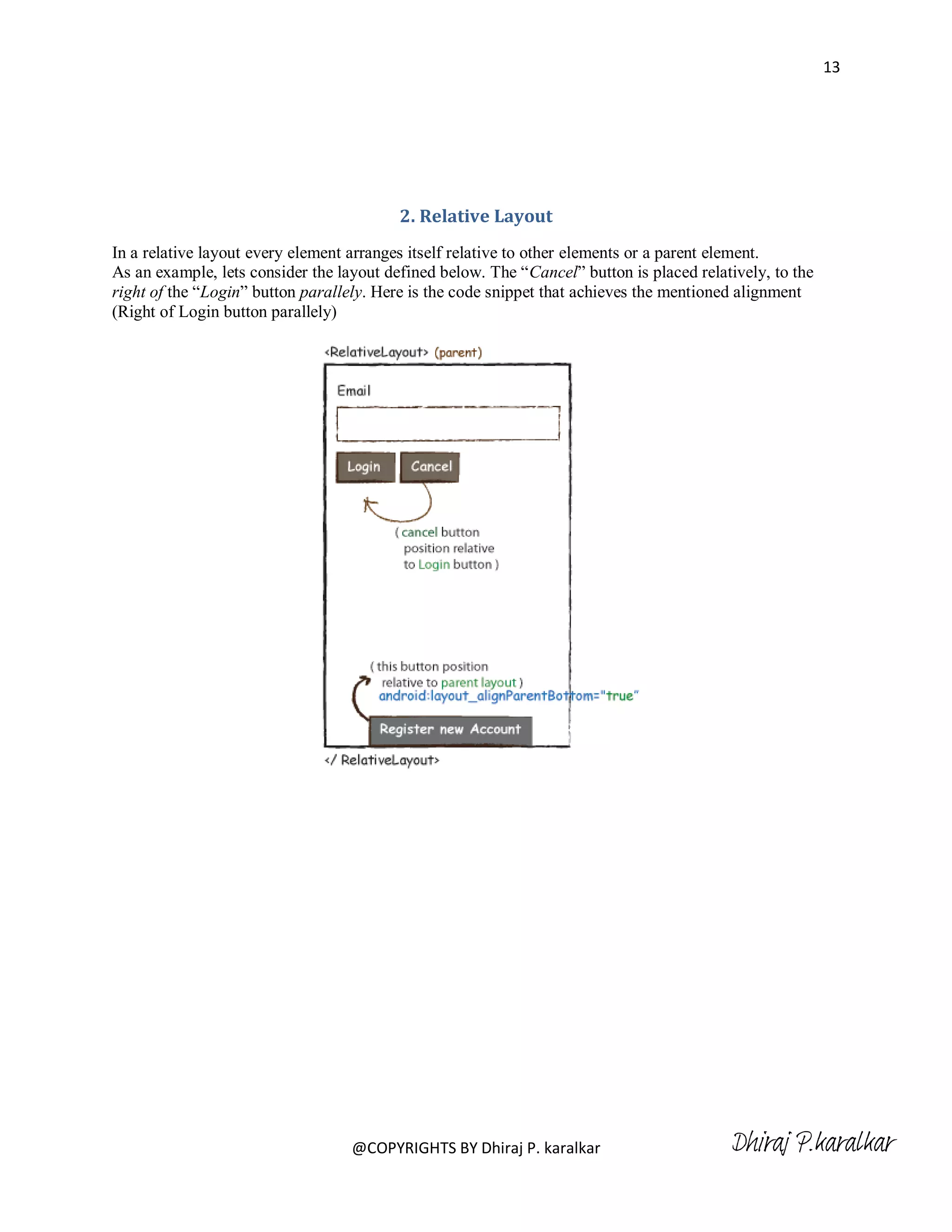 13




                                          2. Relative Layout
In a relative layout every element arranges itself relative to other elements or a parent element.
As an example, lets consider the layout defined below. The ―Cancel‖ button is placed relatively, to the
right of the ―Login‖ button parallely. Here is the code snippet that achieves the mentioned alignment
(Right of Login button parallely)




                                   @COPYRIGHTS BY Dhiraj P. karalkar                      Dhiraj P.karalkar
 