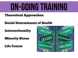 On-Going training
Theoretical Approaches:
Social Determinants of Health
Intersectionality
Minority Stress
Life Course

 