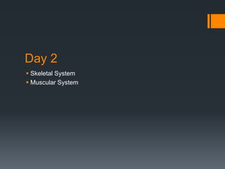 Day 2
 Skeletal System
 Muscular System
 