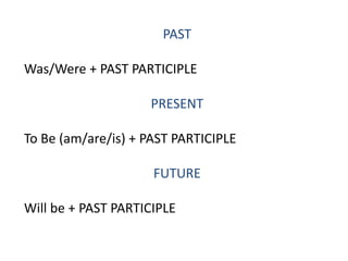 PAST
Was/Were + PAST PARTICIPLE
PRESENT
To Be (am/are/is) + PAST PARTICIPLE
FUTURE
Will be + PAST PARTICIPLE
 