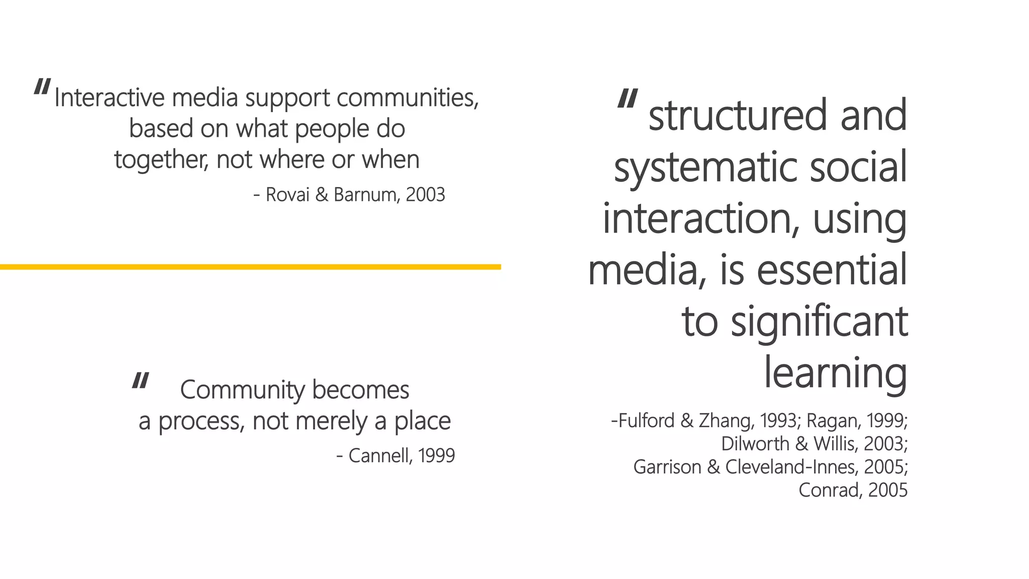 Interactive media support communities,
based on what people do
together, not where or when
“
- Rovai & Barnum, 2003
Community becomes
a process, not merely a place“
- Cannell, 1999
structured and
systematic social
interaction, using
media, is essential
to significant
learning
“
-Fulford & Zhang, 1993; Ragan, 1999;
Dilworth & Willis, 2003;
Garrison & Cleveland-Innes, 2005;
Conrad, 2005
 