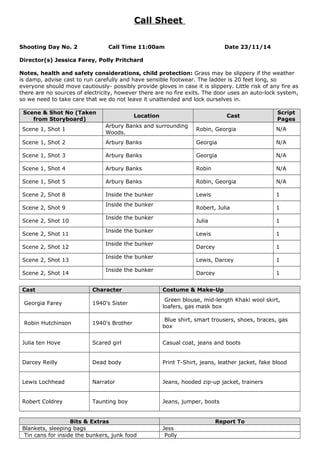 Call Sheet
Shooting Day No. 2 Call Time 11:00am Date 23/11/14
Director(s) Jessica Farey, Polly Pritchard
Notes, health and...