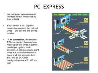 PCI EXPRESS
• is a computer expansion card
interface format introduced by
Intel in 2004.
• Each lane of a PCI Express
connection contains two pairs of
wires -- one to send and one to
receive.
• A x1 connection, the smallest
PCIe connection, has one lane
made up of four wires. It carries
one bit per cycle in each
direction. A x2 link contains eight
wires and transmits two bits at
once, a x4 link transmits four
bits, and so on. Other
configurations are x12, x16 and
x32.
 