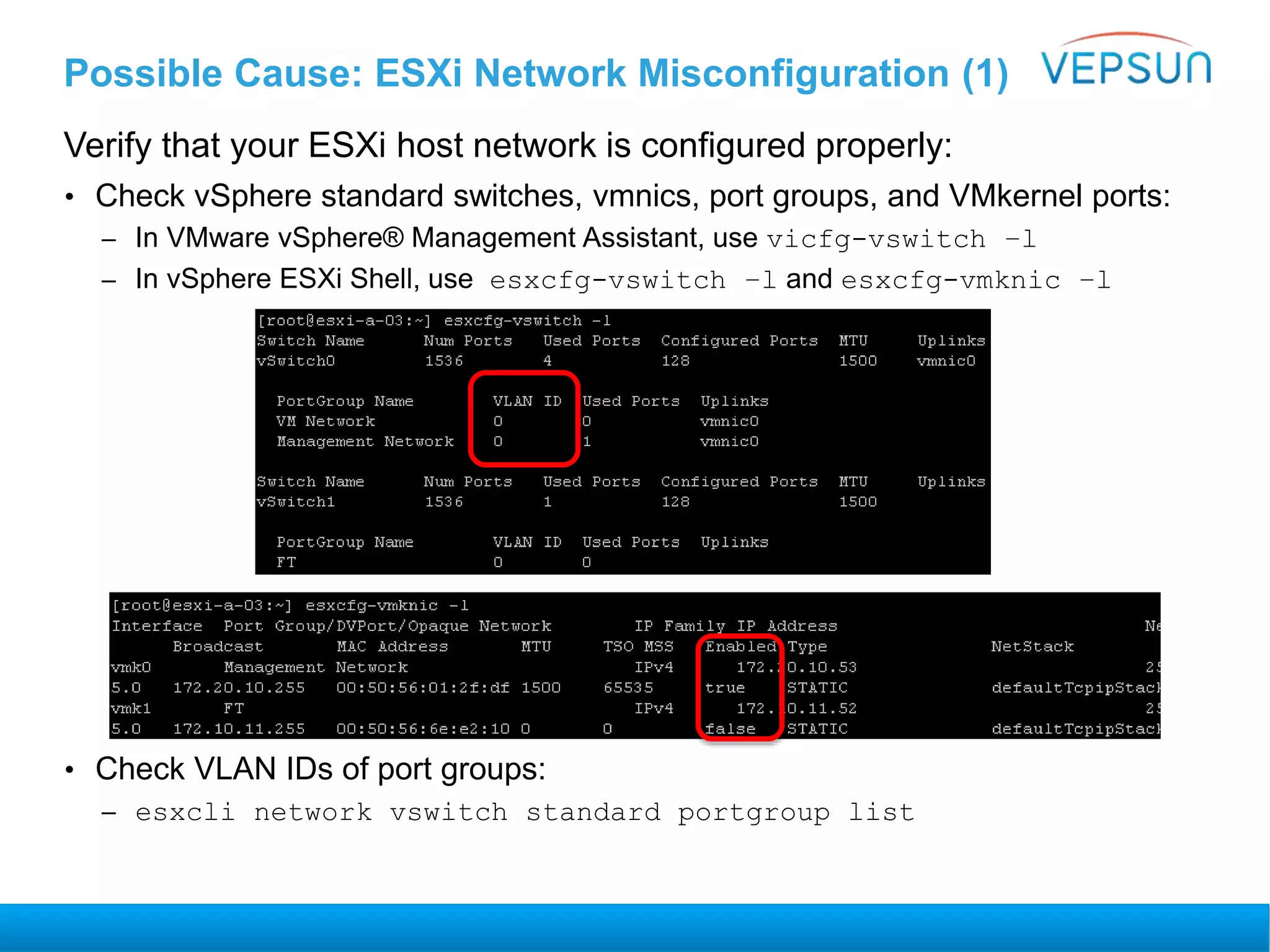 Possible Cause: ESXi Network Misconfiguration (1)
Verify that your ESXi host network is configured properly:
• Check vSphere standard switches, vmnics, port groups, and VMkernel ports:
– In VMware vSphere® Management Assistant, use vicfg-vswitch –l
– In vSphere ESXi Shell, use esxcfg-vswitch –l and esxcfg-vmknic –l
• Check VLAN IDs of port groups:
– esxcli network vswitch standard portgroup list
 