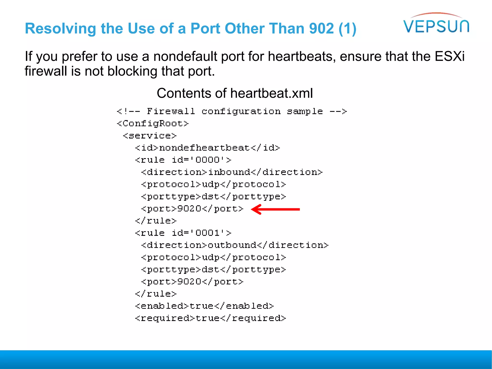 Resolving the Use of a Port Other Than 902 (1)
If you prefer to use a nondefault port for heartbeats, ensure that the ESXi
firewall is not blocking that port.
Contents of heartbeat.xml
 