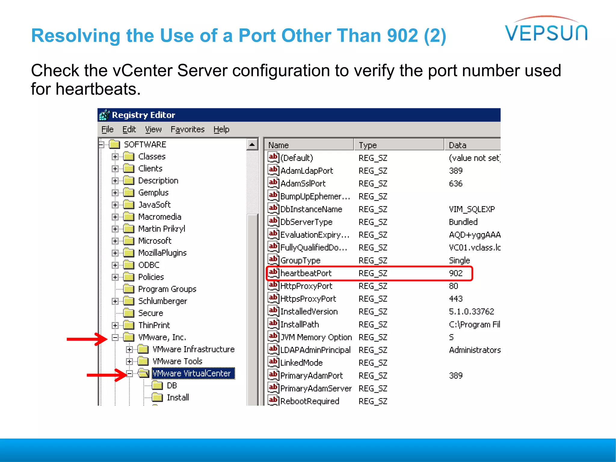 Resolving the Use of a Port Other Than 902 (2)
Check the vCenter Server configuration to verify the port number used
for heartbeats.
 