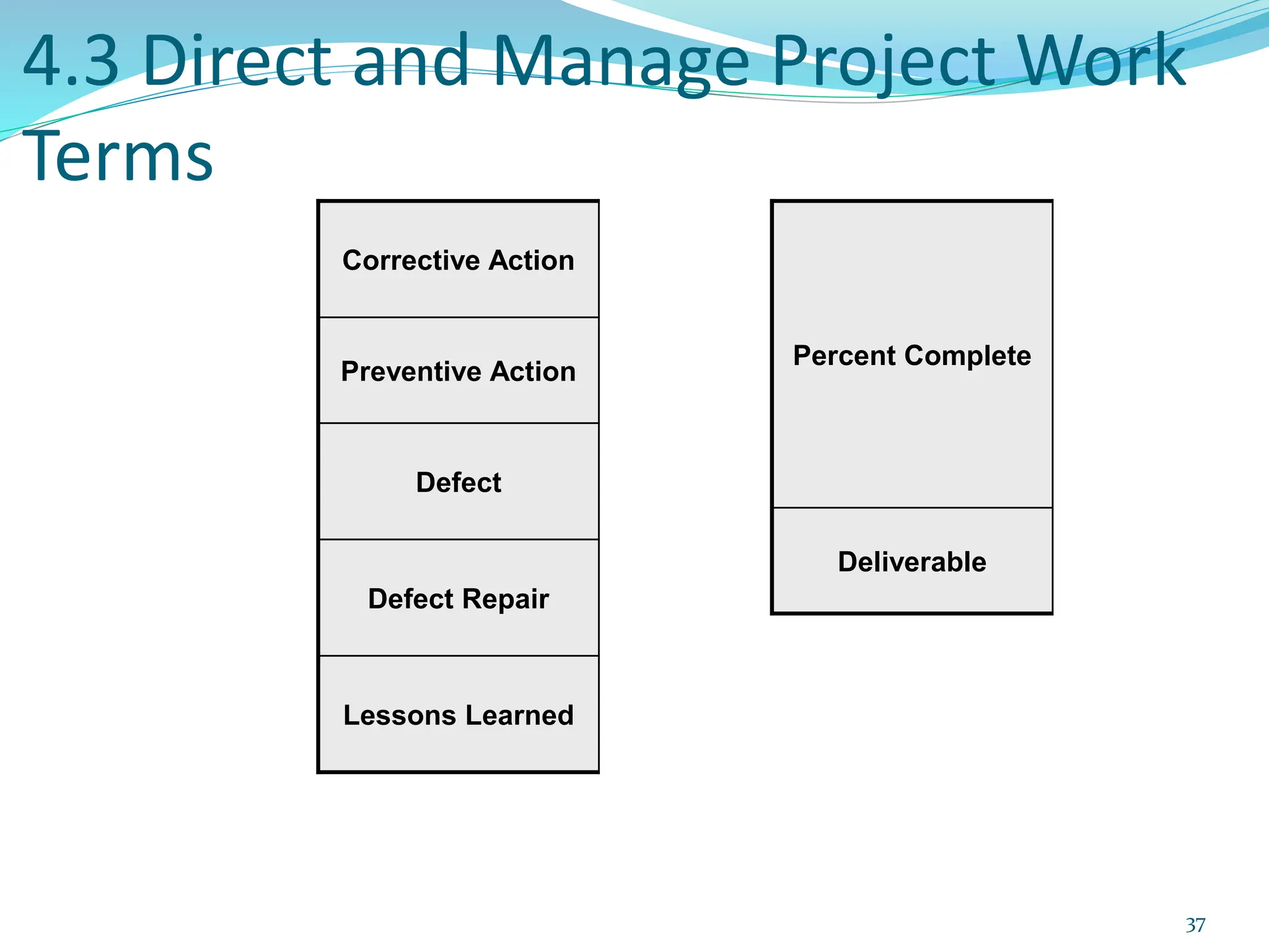 4.3 Direct and Manage Project Work
Terms
Corrective Action
Preventive Action
Defect
Defect Repair
Lessons Learned
37
Percent Complete
Deliverable
 