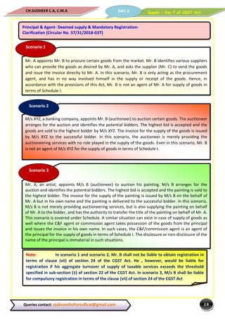 Supply – Sec 7 of CGST ActDAY 2CH.SUDHEER C.A, C.M.A
2.8Queries contact: vjabranchofsircoficai@gmail.com
Principal & Agent- Deemed supply & Mandatory Registration-
Clarification (Circular No. 57/31/2018-GST)
Mr. A appoints Mr. B to procure certain goods from the market. Mr. B identifies various suppliers
who can provide the goods as desired by Mr. A, and asks the supplier (Mr. C) to send the goods
and issue the invoice directly to Mr. A. In this scenario, Mr. B is only acting as the procurement
agent, and has in no way involved himself in the supply or receipt of the goods. Hence, in
accordance with the provisions of this Act, Mr. B is not an agent of Mr. A for supply of goods in
terms of Schedule I.
Scenario 1
M/s XYZ, a banking company, appoints Mr. B (auctioneer) to auction certain goods. The auctioneer
arranges for the auction and identifies the potential bidders. The highest bid is accepted and the
goods are sold to the highest bidder by M/s XYZ. The invoice for the supply of the goods is issued
by M/s XYZ to the successful bidder. In this scenario, the auctioneer is merely providing the
auctioneering services with no role played in the supply of the goods. Even in this scenario, Mr. B
is not an agent of M/s XYZ for the supply of goods in terms of Schedule I.
Scenario 2
Mr. A, an artist, appoints M/s B (auctioneer) to auction his painting. M/s B arranges for the
auction and identifies the potential bidders. The highest bid is accepted and the painting is sold to
the highest bidder. The invoice for the supply of the painting is issued by M/s B on the behalf of
Mr. A but in his own name and the painting is delivered to the successful bidder. In this scenario,
M/s B is not merely providing auctioneering services, but is also supplying the painting on behalf
of Mr. A to the bidder, and has the authority to transfer the title of the painting on behalf of Mr. A.
This scenario is covered under Schedule. A similar situation can exist in case of supply of goods as
well where the C&F agent or commission agent takes possession of the goods from the principal
and issues the invoice in his own name. In such cases, the C&F/commission agent is an agent of
the principal for the supply of goods in terms of Schedule I. The disclosure or non-disclosure of the
name of the principal is immaterial in such situations.
Scenario 3
Note: In scenario 1 and scenario 2, Mr. B shall not be liable to obtain registration in
terms of clause (vii) of section 24 of the CGST Act. He , however, would be liable for
registration if his aggregate turnover of supply of taxable services exceeds the threshold
specified in sub-section (1) of section 22 of the CGST Act. In scenario 3, M/s B shall be liable
for compulsory registration in terms of the clause (vii) of section 24 of the CGST Act
 