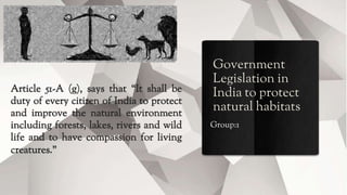 Government
Legislation in
India to protect
natural habitats
Group:1
Article 51-A (g), says that “It shall be
duty of every citizen of India to protect
and improve the natural environment
including forests, lakes, rivers and wild
life and to have compassion for living
creatures.”
 