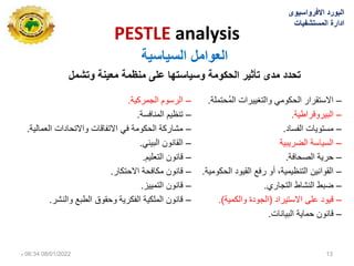 PESTLE analysis
–
‫ُحتملة‬‫م‬‫ال‬ ‫والتغٌٌرات‬ ً‫الحكوم‬ ‫االستقرار‬
.
–
‫البٌروقراطٌة‬
.
–
‫الفساد‬ ‫مستوٌات‬
.
–
‫السٌاسة‬
‫الضرٌبٌة‬
–
‫الصحافة‬ ‫حرٌة‬
.
–
‫الحكومٌة‬ ‫القٌود‬ ‫رفع‬ ‫أو‬ ،‫التنظٌمٌة‬ ‫القوانٌن‬
.
–
‫التجاري‬ ‫النشاط‬ ‫ضبط‬
.
–
‫االستٌراد‬ ‫على‬ ‫قٌود‬
(
‫والكمٌة‬ ‫الجودة‬
.)
–
‫البٌانات‬ ‫حماٌة‬ ‫قانون‬
.
–
‫الجمركٌة‬ ‫الرسوم‬
.
–
‫المنافسة‬ ‫تنظٌم‬
.
–
‫العمالٌة‬ ‫واالتحادات‬ ‫االتفاقات‬ ً‫ف‬ ‫الحكومة‬ ‫مشاركة‬
.
–
ً‫البٌئ‬ ‫القانون‬
.
–
‫التعلٌم‬ ‫قانون‬
.
–
‫االحتكار‬ ‫مكافحة‬ ‫قانون‬
.
–
‫التمٌٌز‬ ‫قانون‬
.
–
‫والنشر‬ ‫الطبع‬ ‫وحقوق‬ ‫الفكرٌة‬ ‫الملكٌة‬ ‫قانون‬
.
‫العوامل‬
‫السٌاسٌة‬
‫تحدد‬
‫معٌنة‬ ‫منظمة‬ ‫على‬ ‫وسٌاستها‬ ‫الحكومة‬ ‫تأثٌر‬ ‫مدى‬
‫وتشمل‬
‫االفرواسٌوى‬ ‫البورد‬
‫المستشفٌات‬ ‫ادارة‬
08/01/2022
06:34
‫م‬ 13
 