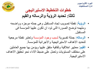 ‫االستيشاتيجي‬ ‫انتخطيط‬ ‫خطواث‬
‫ثانثا‬
:
‫وانقيى‬ ‫وانشسانه‬ ‫انشؤيت‬ ‫تحذيذ‬
•
‫الرؤٌة‬
:
‫وواضحه‬ ‫موجزه‬ ‫جمله‬ ‫وهى‬ ‫المستقبل‬ ‫تجاه‬ ‫تصوٌب‬ ‫نقطة‬
‫فى‬ ‫المؤسسة‬ ‫علٌها‬ ‫تكون‬ ‫ان‬ ‫تود‬ ‫التى‬ ‫الصورة‬ ‫توضح‬ ‫وملهمه‬
‫المستقبل‬
.
•
‫الرساله‬
:
‫تفسٌرٌة‬ ‫جملة‬
‫المؤسسة‬ ‫وجود‬ ‫لسبب‬
‫مرجعٌة‬ ‫نقطة‬ ‫وتعتبر‬
‫للمؤسسة‬ ‫واالجرائٌة‬ ‫االستٌراتٌجٌة‬ ‫االهداف‬ ‫لتحدٌد‬
.
•
‫القٌم‬
:
‫العاملٌن‬ ‫جمٌع‬ ‫بها‬ ‫وٌؤمن‬ ‫علٌها‬ ‫متفق‬ ‫وثقافٌة‬ ‫اخالقٌة‬ ‫معاٌٌر‬
‫االهداف‬ ‫تحقٌق‬ ‫نحو‬ ‫االداء‬ ‫ضبط‬ ‫على‬ ‫وتعمل‬ ‫المستوٌات‬ ‫مختلف‬ ‫على‬
‫االستٌراتٌجٌة‬
.
‫االفرواسٌوى‬ ‫البورد‬
‫المستشفٌات‬ ‫ادارة‬
08/01/2022
06:34
‫م‬ 23
 