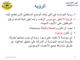 ‫انشؤيه‬
•
‫رؤٌة‬
‫تطمح‬ ‫الذي‬ ًّ‫المستقبل‬ ‫الوضع‬ ‫د‬ّ‫د‬‫ح‬ُ‫ت‬ ً‫الت‬ ً‫ه‬ ‫ّسة‬‫س‬‫المؤ‬
،‫إلٌه‬
•
‫الرؤٌة‬
‫الوقت‬ ‫مرور‬ ‫مع‬ ‫تتغٌر‬ ‫ال‬
‫تركٌز‬ ‫لتدعم‬ ‫ثابتة‬ ‫تبقى‬ ‫وإنما‬ ،
،‫المهمة‬ ‫األشٌاء‬ ‫على‬ ‫الموظفٌن‬
•
‫أن‬ ‫ٌجب‬
‫تكون‬
‫وكاملة‬ ‫واضحة‬
،‫وصحٌحة‬
•
‫أن‬
‫تكون‬
‫موجزة‬
•
‫أي‬
،ً‫ال‬ٌ‫طو‬ ‫نجاحها‬ ‫ٌدوم‬ ‫لن‬ ‫رؤٌة‬ ‫وجود‬ ‫على‬ ‫تعتمد‬ ‫ال‬ ‫ّسة‬‫س‬‫مؤ‬
‫عن‬ ‫أهدافها؛‬ ‫تحقٌق‬ ‫على‬ ‫الشركة‬ ‫أو‬ ‫ّسة‬‫س‬‫المؤ‬ ‫تساعد‬ ‫فالرؤٌة‬
‫الموجودٌن‬ ‫األعضاء‬ ‫جمٌع‬ ‫مشاركة‬ ‫طرٌق‬
‫االفرواسٌوى‬ ‫البورد‬
‫المستشفٌات‬ ‫ادارة‬
08/01/2022
06:34
‫م‬ 25
 