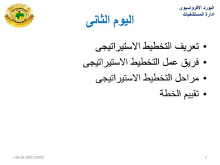 ‫انثاني‬ ‫انيوو‬
•
‫االستٌراتٌجى‬ ‫التخطٌط‬ ‫تعرٌف‬
•
‫االستٌراتٌجى‬ ‫التخطٌط‬ ‫عمل‬ ‫فرٌق‬
•
‫االستٌراتٌجى‬ ‫التخطٌط‬ ‫مراحل‬
•
‫الخطة‬ ‫تقٌٌم‬
‫االفرواسٌوى‬ ‫البورد‬
‫المستشفٌات‬ ‫ادارة‬
08/01/2022
06:34
‫م‬ 5
 