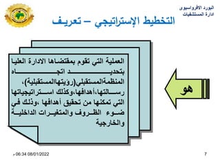 ‫اتيجي‬
‫ر‬‫اإلست‬ ‫التخطيط‬
–
‫تعـريــف‬
‫هو‬
‫العلٌاا‬ ‫االدارة‬ ‫بمقتضااها‬ ‫تقوم‬ ً‫الت‬ ‫العملٌة‬
‫اااااااااااااااااااااااااااااااااااااا‬‫ا‬ ‫ات‬ ‫اااااااااااااااااااااااااااااااااااااد‬‫ا‬ٌ‫بتحد‬
ً‫المنظمةالمستقبل‬
(
‫رؤٌتهاالمستقبلٌة‬
)
،
‫ٌاتها‬ ٌ‫اااااترات‬‫ا‬‫اس‬ ‫وكتلك‬،‫أهدافها‬،‫اااااالتها‬‫ا‬‫رس‬
ً‫فا‬ ‫وتلاك‬، ‫أهدافها‬ ‫تحقٌق‬ ‫من‬ ‫تمكنها‬ ً‫الت‬
‫اااة‬‫ا‬ٌ‫ل‬ ‫الدا‬ ‫ااارات‬‫ا‬ٌ‫والمتد‬ ‫اااروف‬‫ا‬‫الظ‬ ‫اااول‬‫ا‬‫ض‬
‫ٌة‬ ‫ار‬ ‫وال‬
‫االفرواسٌوى‬ ‫البورد‬
‫المستشفٌات‬ ‫ادارة‬
08/01/2022
06:34
‫م‬ 7
 
