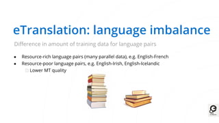 eTranslation: language imbalance
Approach: build multilingual models
● Recent research topic in MT
● Translation from many...
