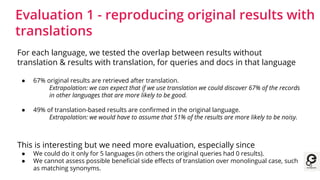 Evaluation 2
- evaluating
query
translations
Assessing the quality of
translations for the 69
non-English queries
original...