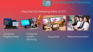 Unlocking Content Vocabulary
Describe the following fields of ICT.
Computer
Programming
Computer
System
Servicing
Visual Arts Telecommunication
 