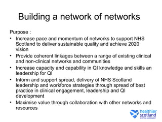 Building a network of networks
Purpose :
• Increase pace and momentum of networks to support NHS
  Scotland to deliver sustainable quality and achieve 2020
  vision
• Provide coherent linkages between a range of existing clinical
  and non-clinical networks and communities
• Increase capacity and capability in QI knowledge and skills an
  leadership for QI
• Inform and support spread, delivery of NHS Scotland
  leadership and workforce strategies through spread of best
  practice in clinical engagement, leadership and QI
  development
• Maximise value through collaboration with other networks and
  resources
 