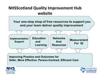 NHSScotland Quality Improvement Hub
              website
   Your one-stop shop of free resources to support you
       and your team deliver quality improvement



Implementation   Education      Networks
                                              Measurement
   Support         and            And
                                                For QI
                   Learning     Resources



Improving Practice and Outcomes for
Safer, More Effective, Person-Centred, Efficient Care
 
