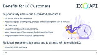 Benefits for IX Customers
Supports fully end-to-end automated processes:
• No human interaction necessary
• Accelerate spe...