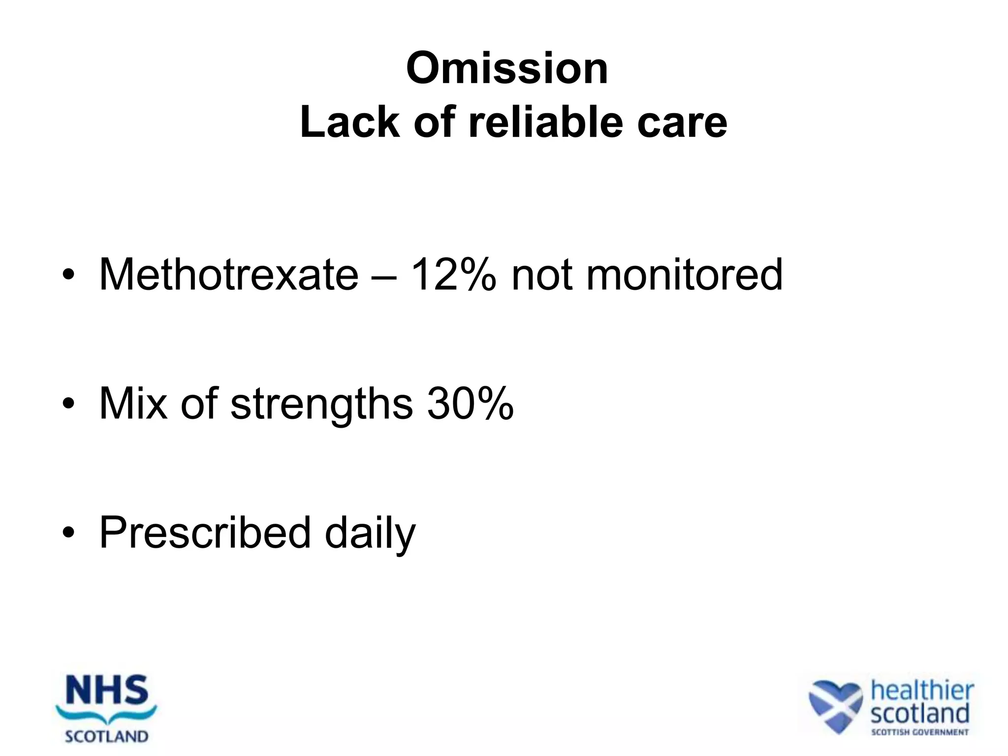 Omission
            Lack of reliable care


• Methotrexate – 12% not monitored

• Mix of strengths 30%

• Prescribed daily
 